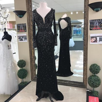 New Arrival Long Sleeve Open Back Prom Dresses Black Deep V Dresses ...