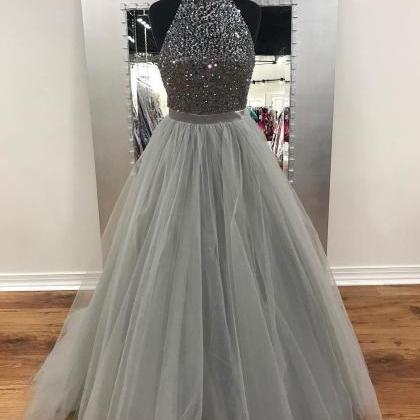 A-line High-neck Shiny Rhinestone Prom Dresses,..