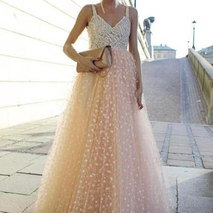 A-line Princess Blush Pink Prom Dresses, Spaghetti..