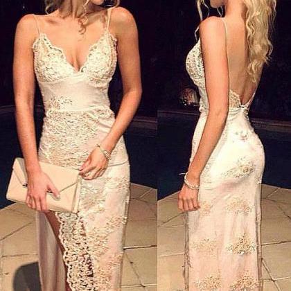A-line Spaghetti Strap Backless Lace Appliqued..