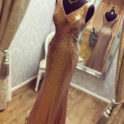 Gold Sequins Lace Mermaid Prom Dresses,v-neck Lace..