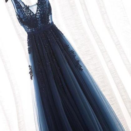 Lace Appliqued Navy Blue Long Prom Dresses,see..