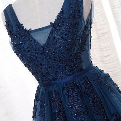 Lace Appliqued Navy Blue Long Prom Dresses,see..