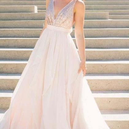 Sequins Lace Simple Long Prom Dresses, Formal Prom..