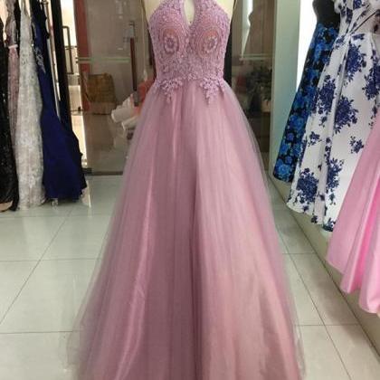 Charming Tulle Halter Neckline A-line Prom Dresses..