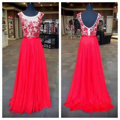 A-line Embroidery Bodice Red Chiffon Prom Dresses..