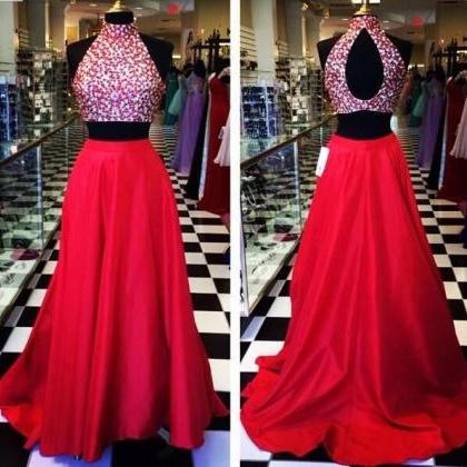 Halter Two Pieces Prom Dresses Beaded Bodice..
