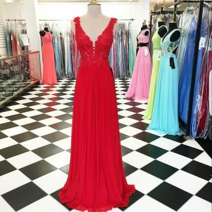 V-neck Red Chiffon Prom Dresses,lace Appliqued..