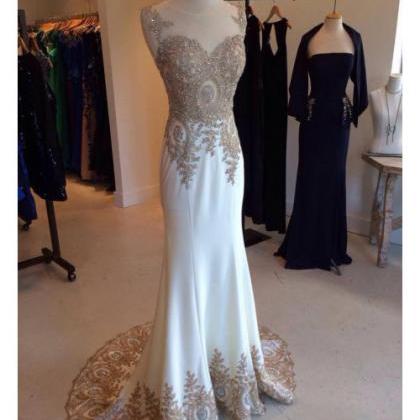 Gold Lace Appliqued Mermaid Prom Dresses With..