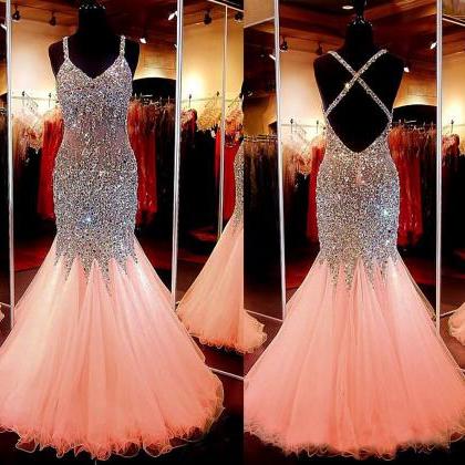 Spaghetti Strap Pink Tulle Sparkly Mermaid Prom..