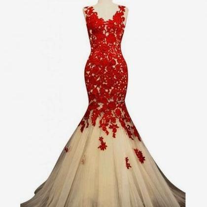 Red Lace Appliqued Mermaid Prom Dress,champagne..