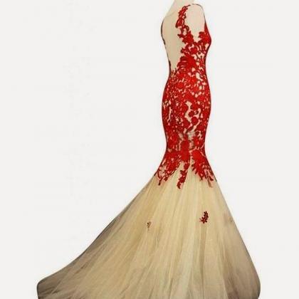 Red Lace Appliqued Mermaid Prom Dress,champagne..