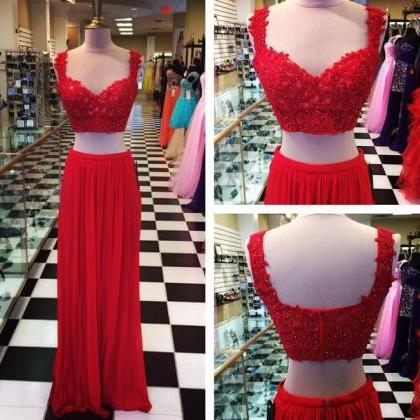 A-line Red Chiffon Skirt 2 Piece Prom Dress,lace..