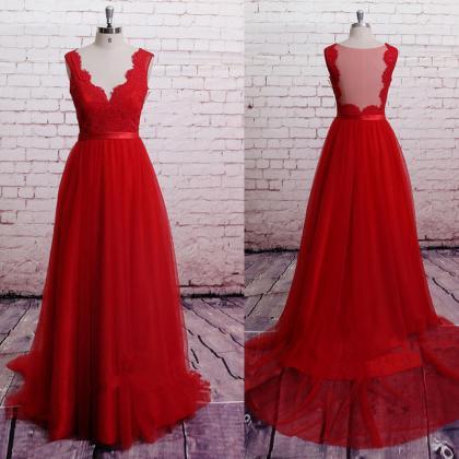 A-line V-neck Prom Dress,red Tulle Long Prom Dress..