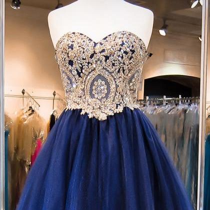 Sweetheart Neck Navy Tulle With Gold Lace..