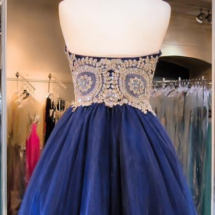 Sweetheart Neck Navy Tulle With Gold Lace..