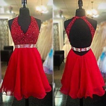 A-line V-neck Red Chiffon Backless Homecoming..