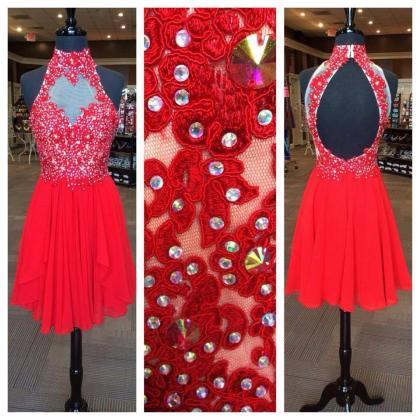 Red Homecoming Dresses With Lace Appliqued Open..