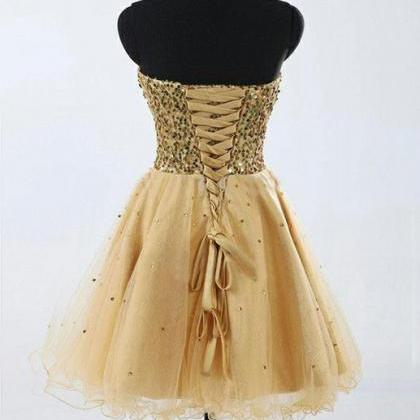 Gold Sequins Homecoming Dresses,strapless Hoco..