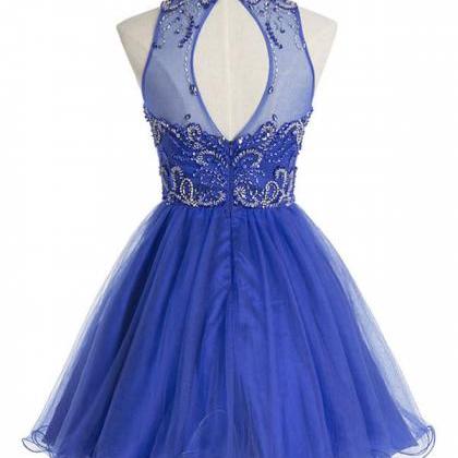 Halter Royal Blue Homecoming Dresses,beaded Bodice..