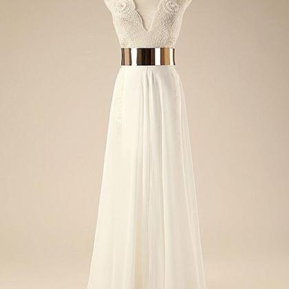 A-line White Long Prom Dresses,Bead..