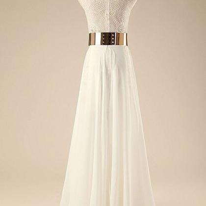 A-line White Long Prom Dresses,Bead..