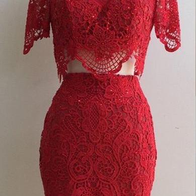 Two Piece Homecoming Dresses,burgundy Lace Hoco..