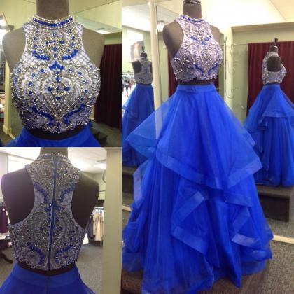 Royal Blue Two Piece Prom Dresses,beaded Bodice..