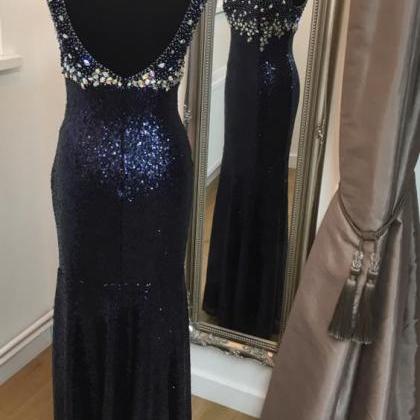 Mermaid Navy Blue Sequins Lace Prom Dresses With..