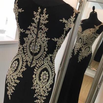 Black Jersey With Gold Lace Appliqued Prom..