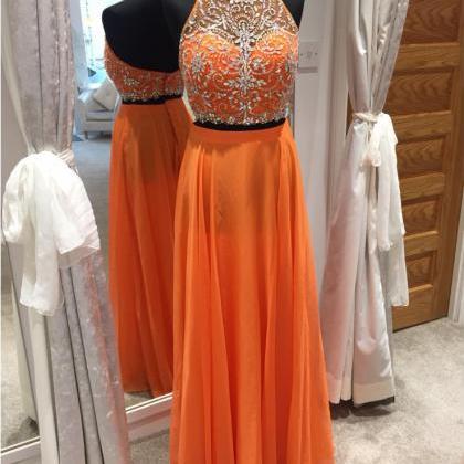 Orange Chiffon 2 Piece Prom Dresses,two Piece..