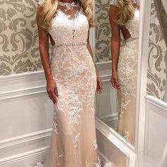 Sheath Nude Tulle With Lace Appliqued Prom..