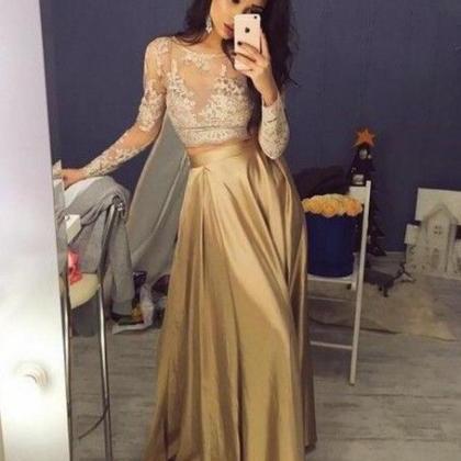 Gold Taffeta Long Sleeves Prom Dresses,lace Formal..