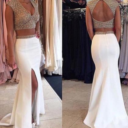 Two Pieces Prom Dress,beaded Bodice Ivory Jersey..