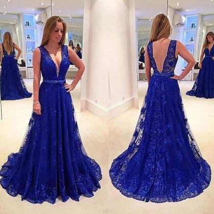 Charming Lace Prom Dress,royal Blue Prom..