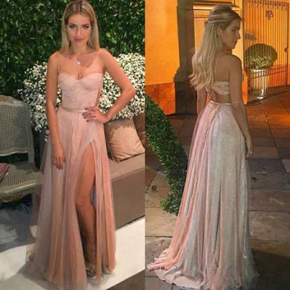 Nude Chiffon Long Prom Dresses With Slit,simple..