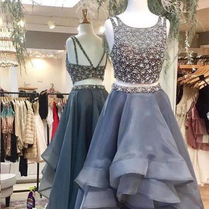 Gray Organza With Beaded Bodice Prom Dresses,two..
