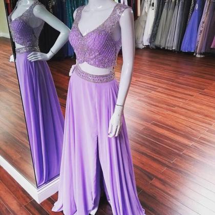 Lilac Chiffon With Beaded Prom Dresses,2 Pieces..