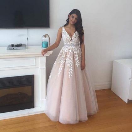 Princess Nude Tulle With White Lace Appliqued Prom..