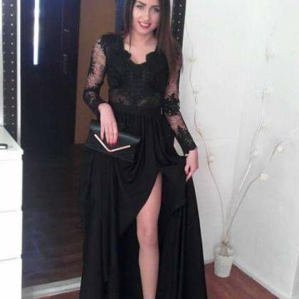 Black Lace Long Sleeve Prom Dresses, Formal..