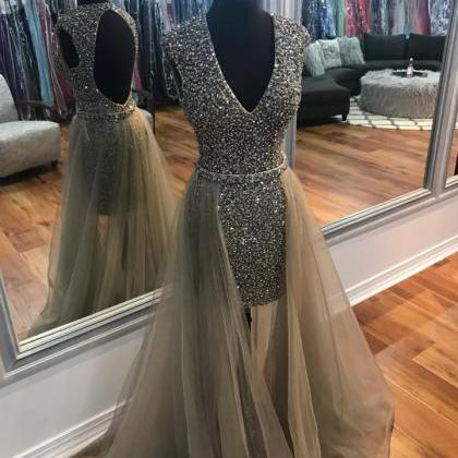 Sparkly Beaded Prom Dresses With V-neck,two In One..
