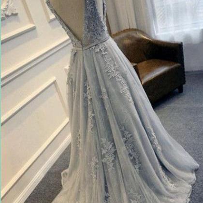 Silver Lace Appliqued Prom Dresses,long Formal..