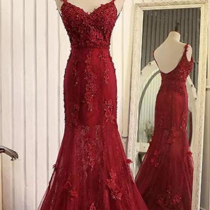 Burgundy Lace Appliqued Prom Dresses,mermaid Prom..