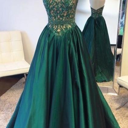 Dark Green Satin Prom Dresses,beaded Bodice High..