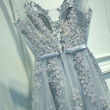 Lace Appliqued Silver Prom Dresses,v-neck Formal..
