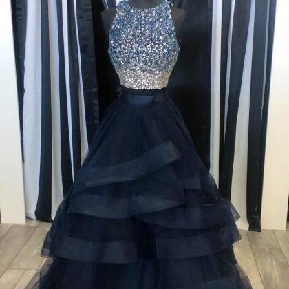 Beaded Two Pieces Prom Dresses,navy Blue Pageant..