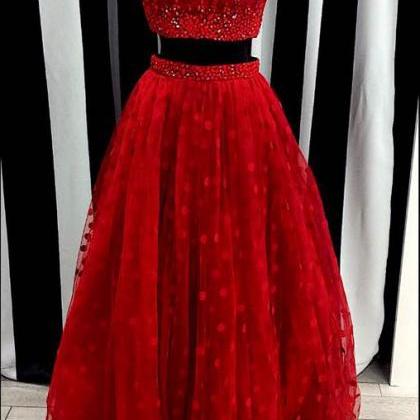 Red Two Pieces Prom Dresses,fishnet Beaded Formal..