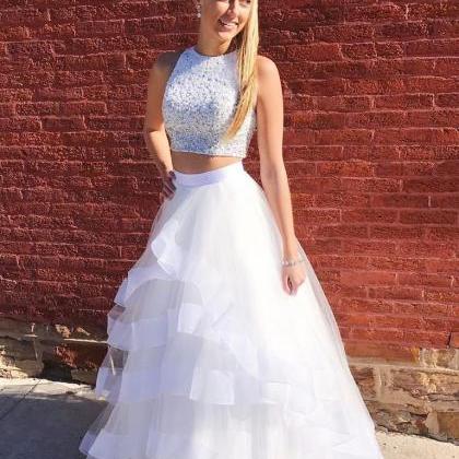 White 2 Pieces Prom Dress,shinny Beaded Formal..
