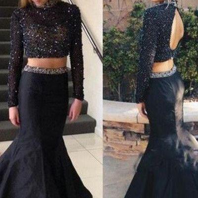 Black Prom Dress With Long Sleeves,2 Pieces Prom..