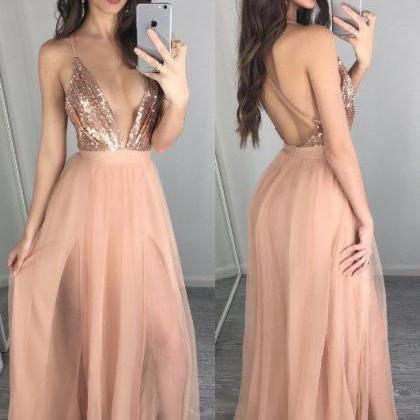Spaghetti Strap Sexy Prom Dress,nude Sequins..